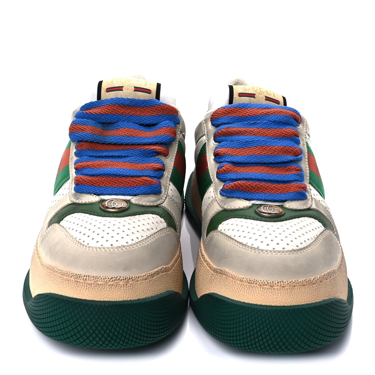Gucci Calfskin Web Womens Double Screener Sneakers 38  White Green Blue 2 of 10