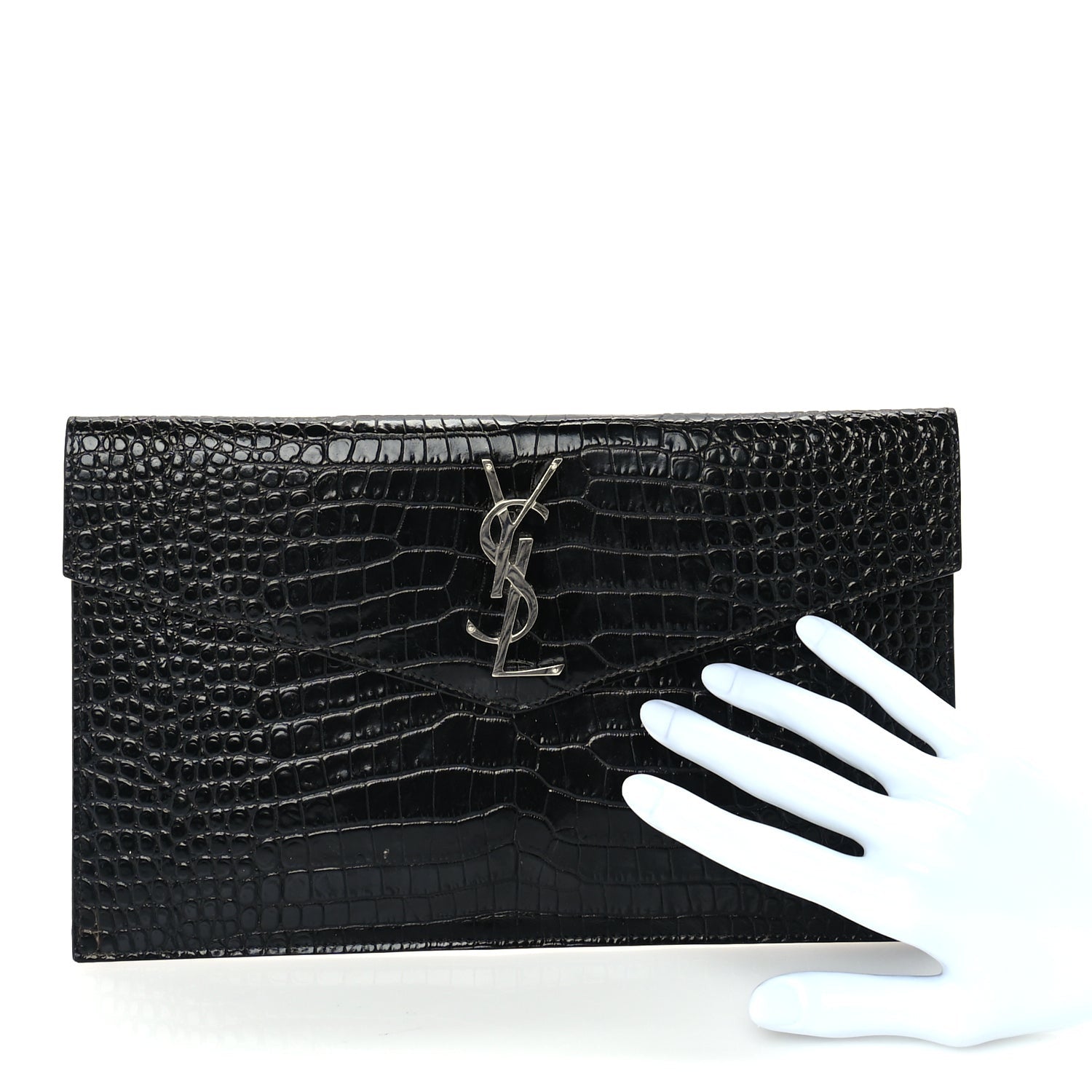 Saint Laurent Calfskin Crocodile Embossed Uptown Monogram Pouch Black 3 of 7