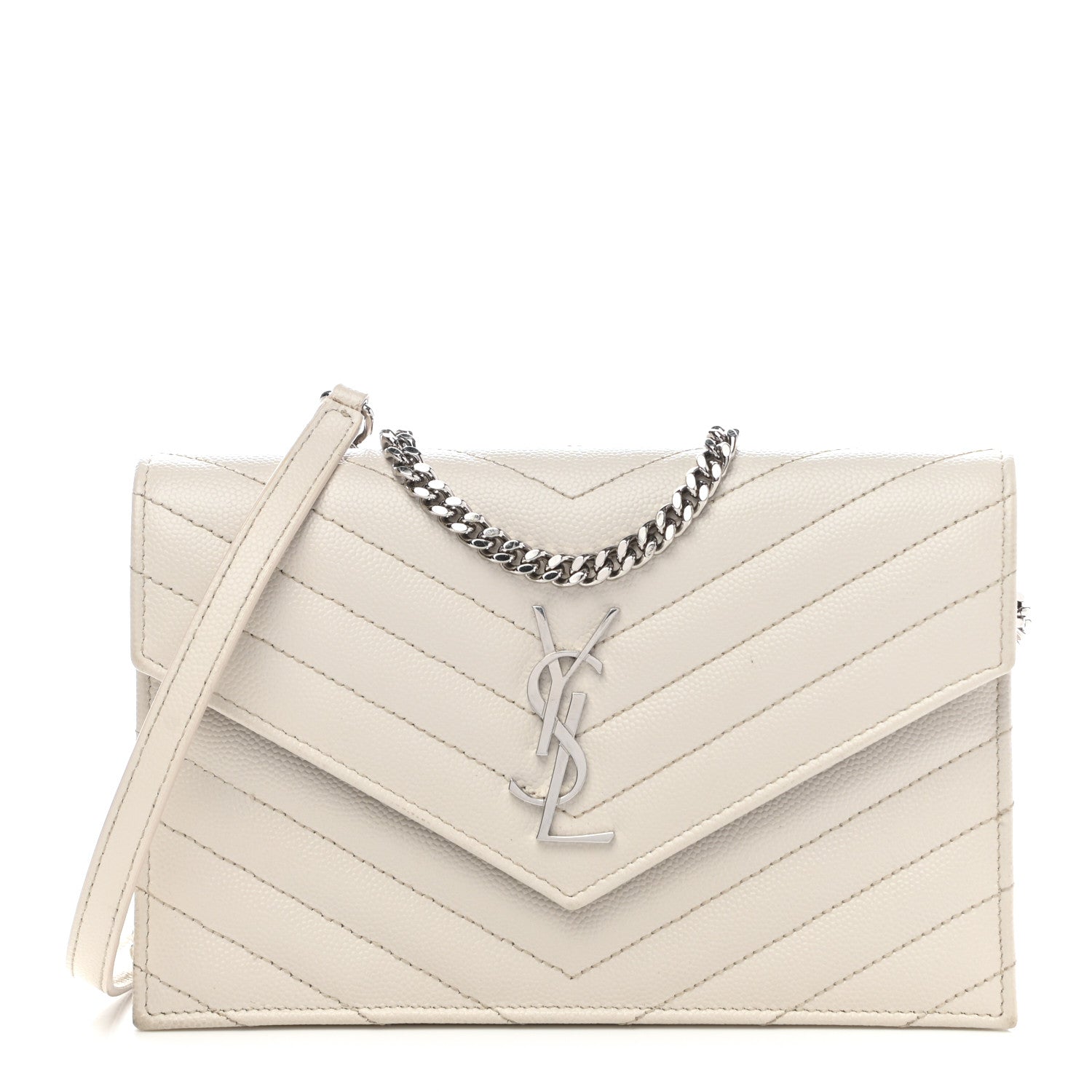 Saint Laurent Grain De Poudre Matelasse Chevron Monogram Envelope Chain Wallet Optical White 1 of 9