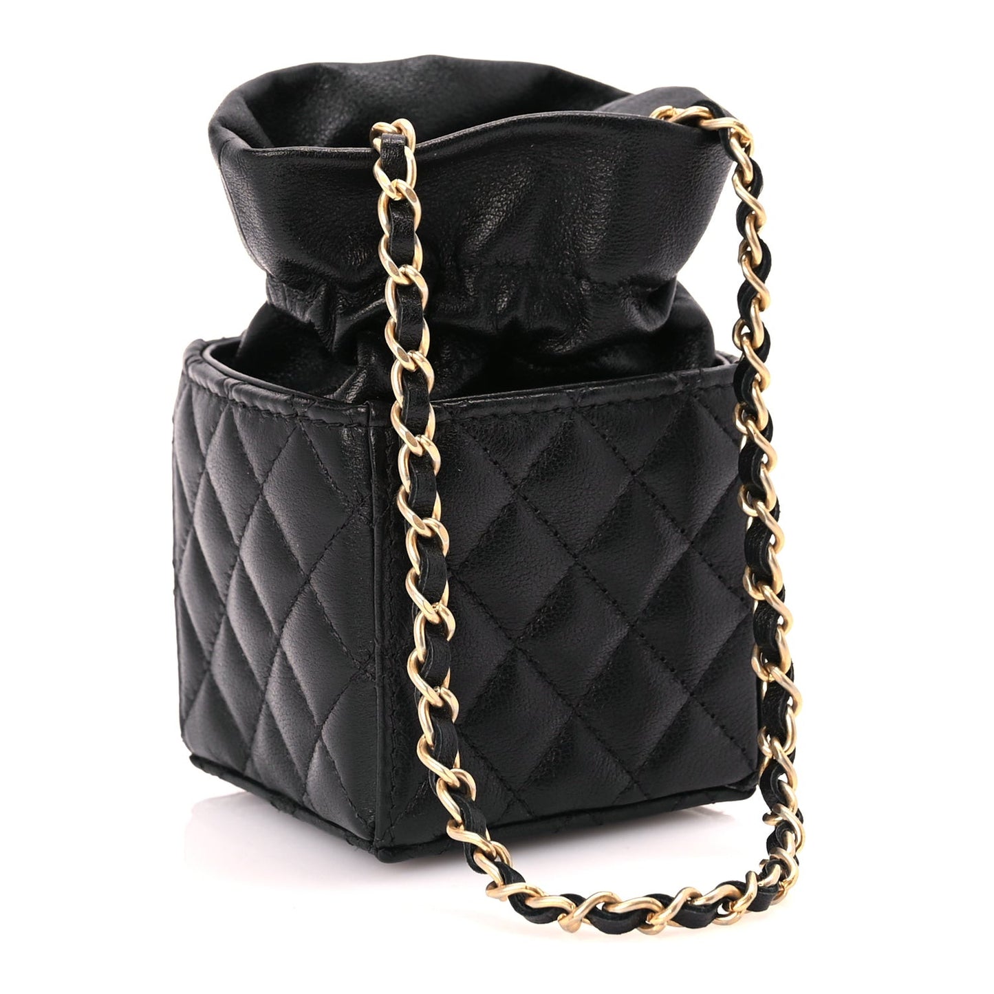 Calfskin Quilted Mini Drawstring Bucket Bag Black