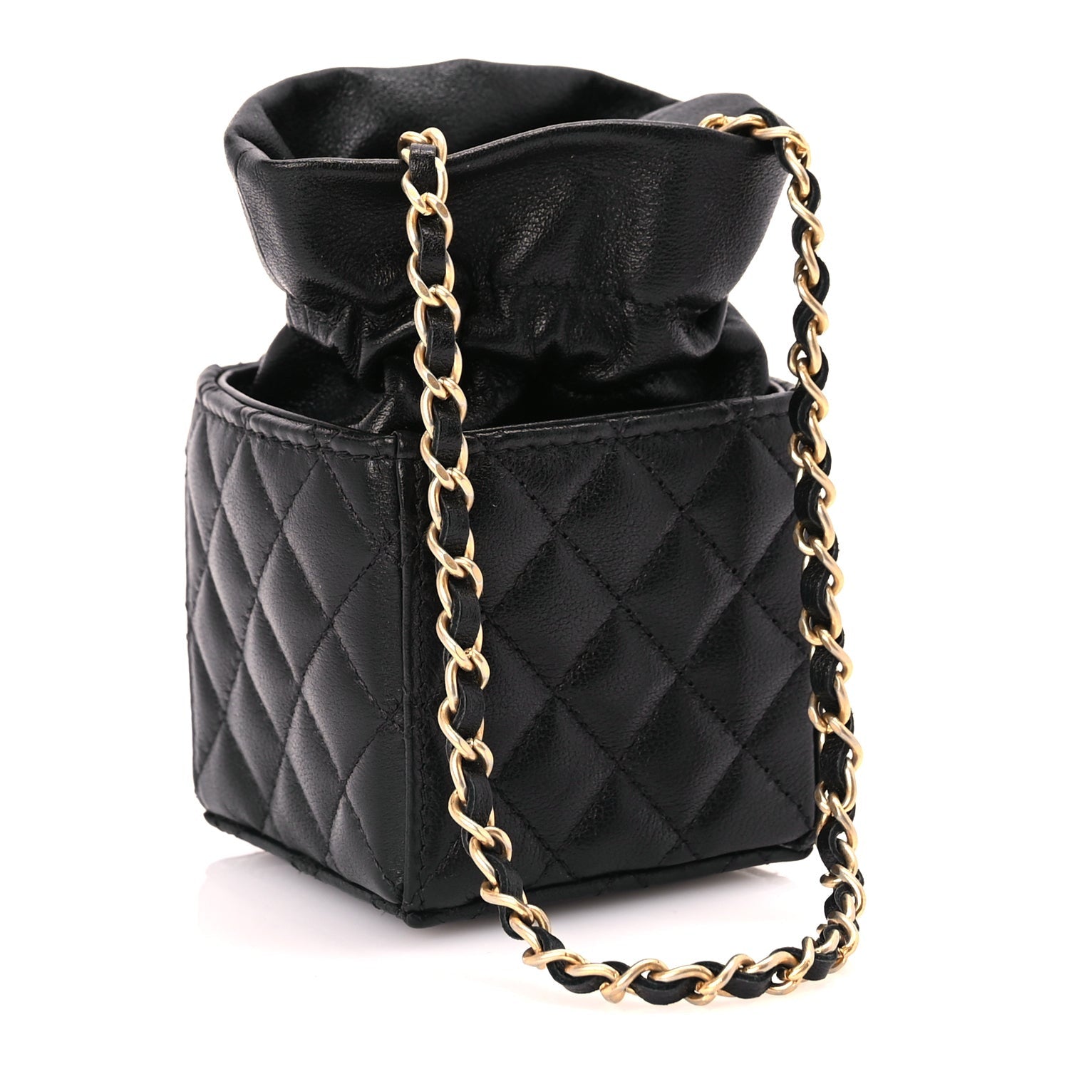 Chanel Calfskin Quilted Mini Drawstring Bucket Bag Black 2 of 10