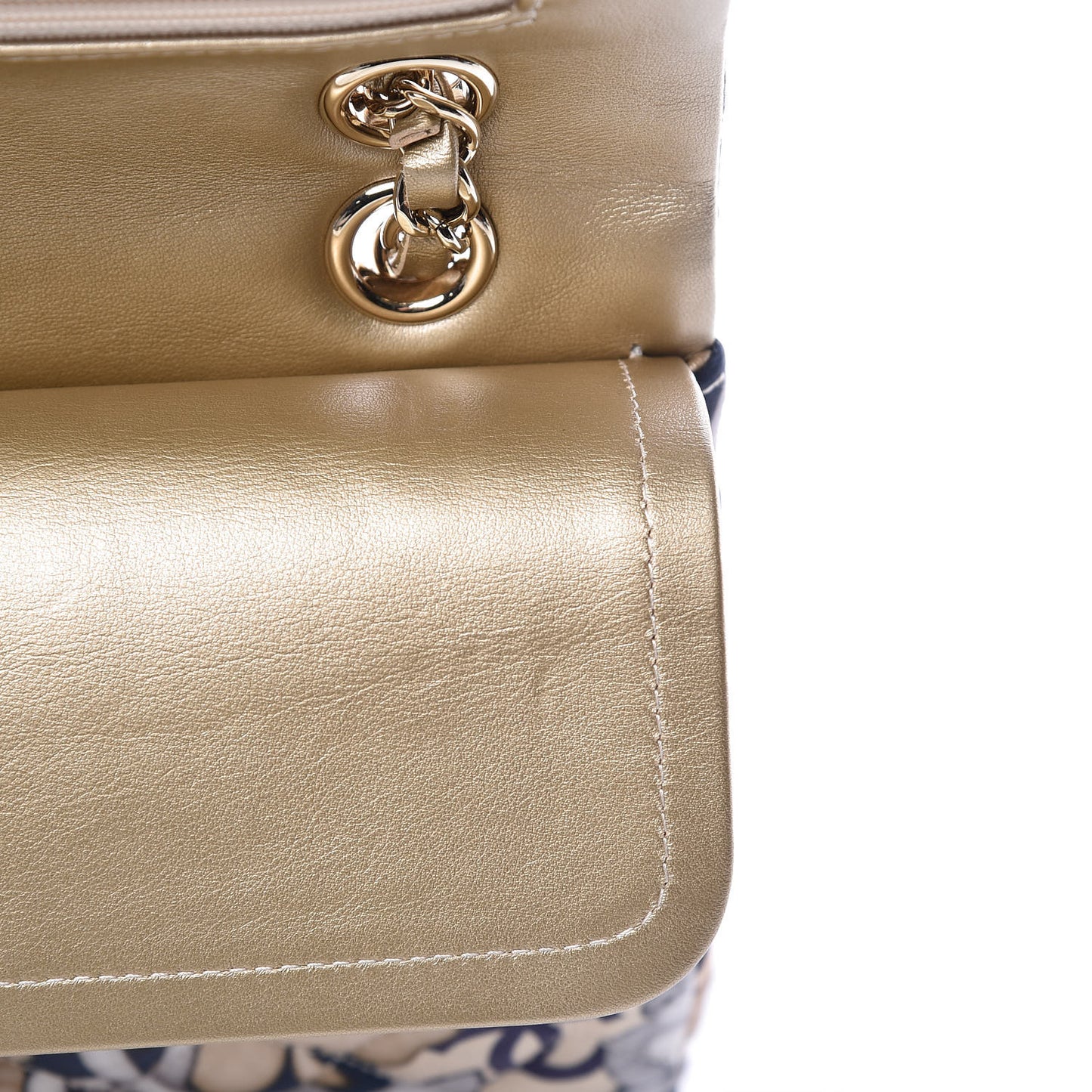 Nylon Quilted Medium Cat Emoticon Double Flap Navy Gold