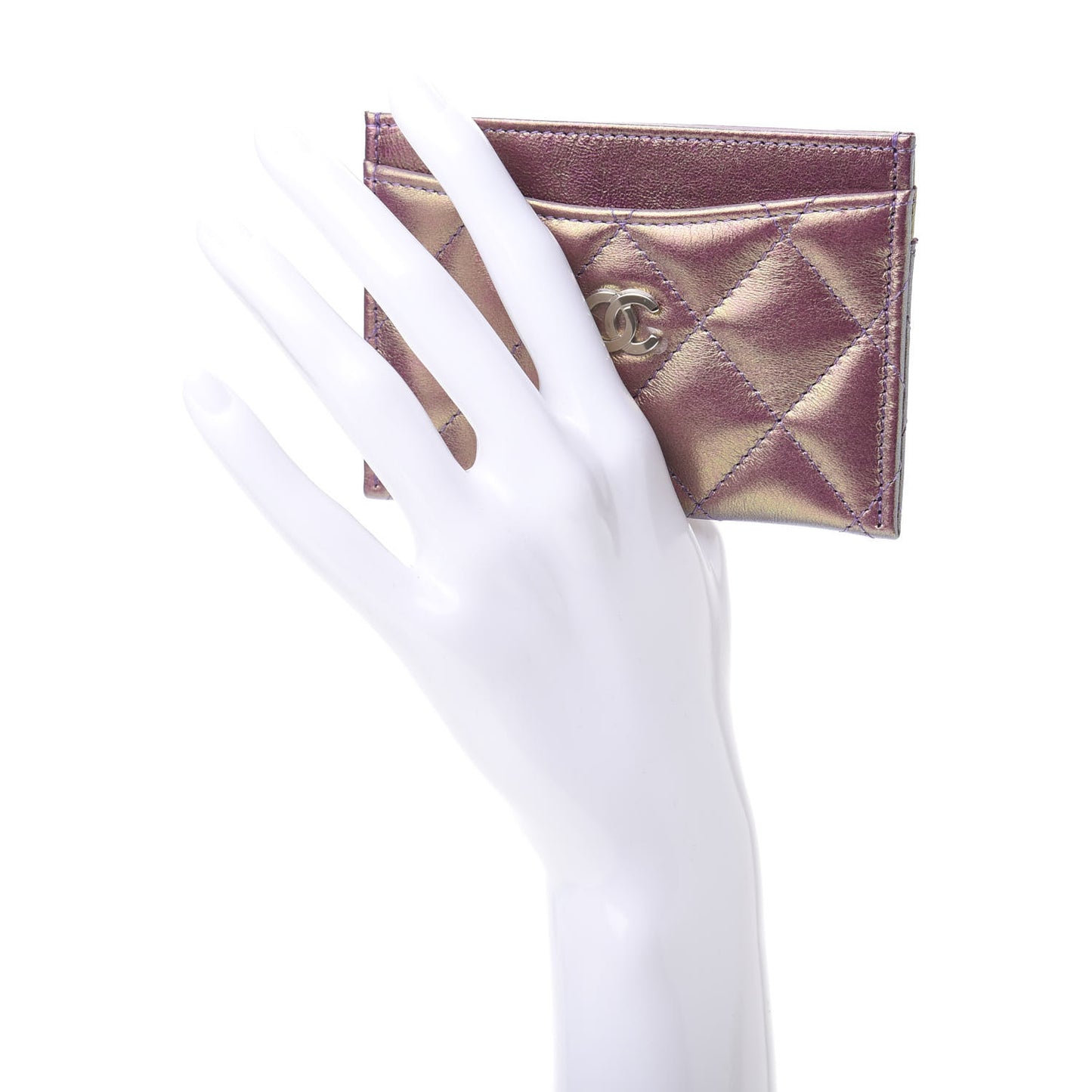 Metallic Lambskin Quilted Card Holder Purple