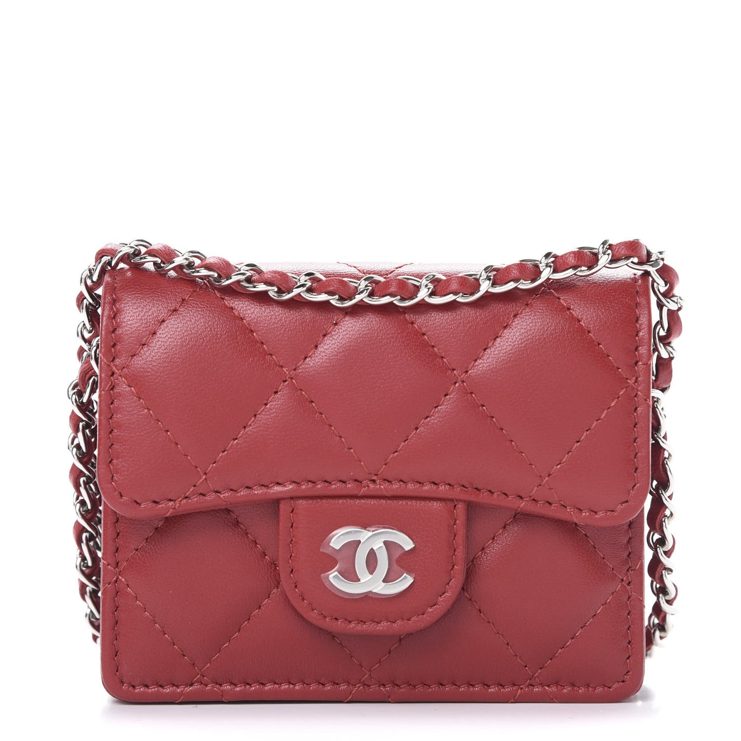 Lambskin Quilted Flap Card Holder On Chain Dark Red