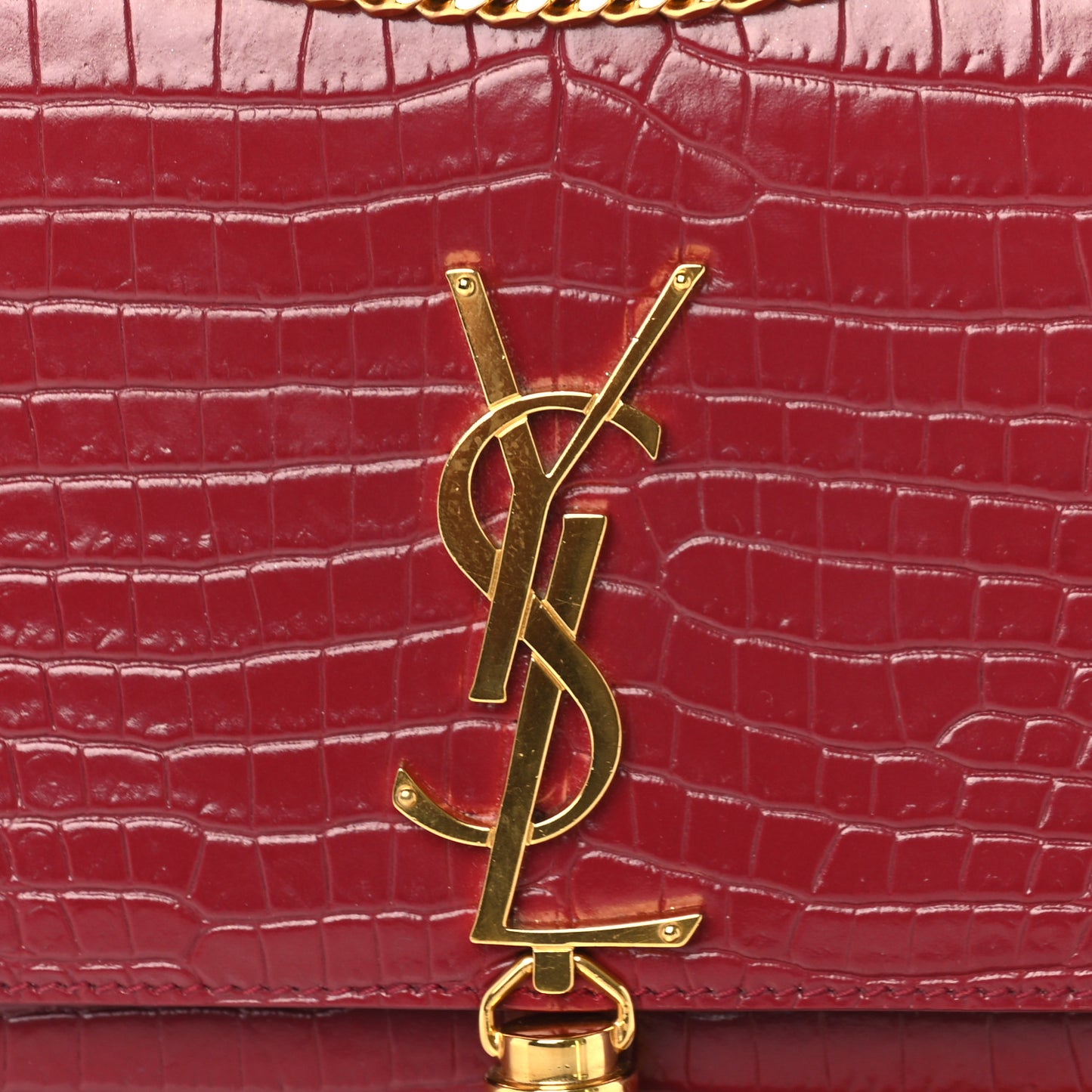 Calfskin Crocodile Embossed Small Classic Monogram Kate Tassel Satchel Amaretto