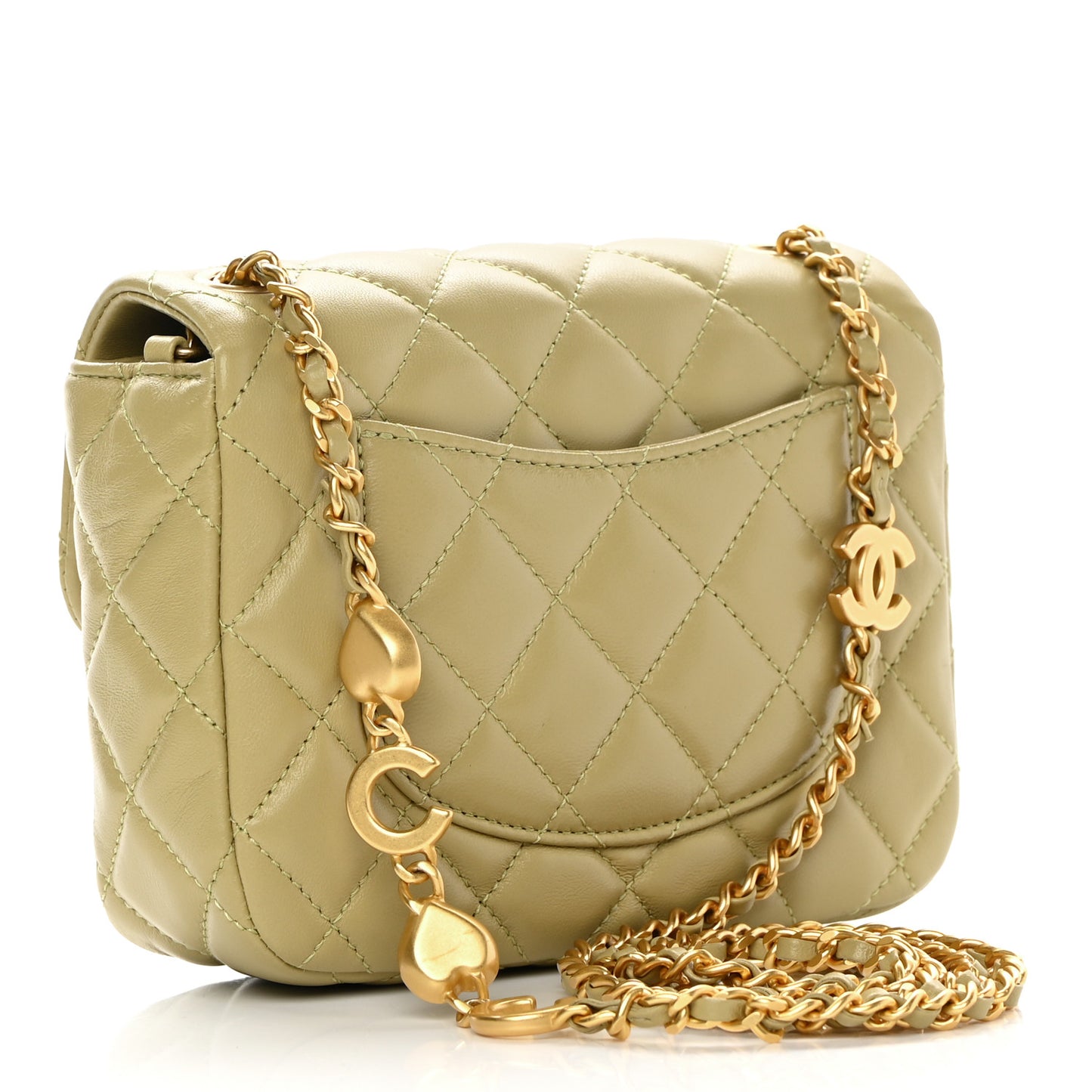 Lambskin Enamel Quilted Mini Coco Hearts Square Flap Light Green