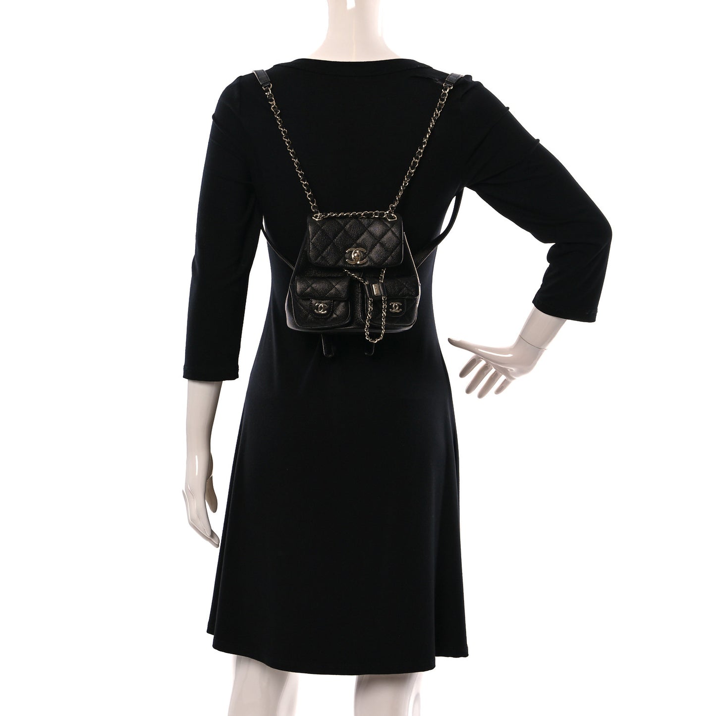 Shiny Caviar Quilted Small Duma Pockets Drawstring Backpack Black