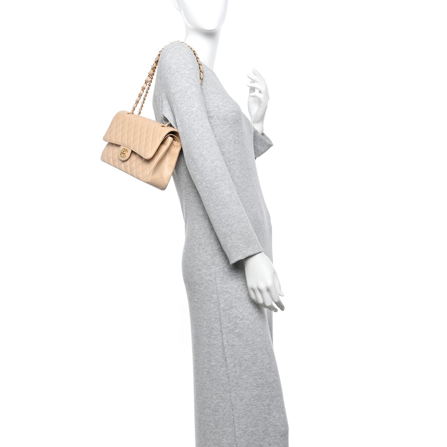 Caviar Quilted Medium Double Flap Beige