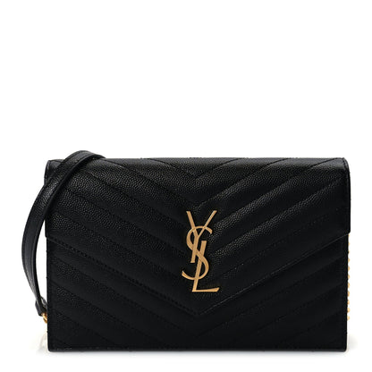 Saint Laurent Grain De Poudre Matelasse Chevron Monogram Envelope Chain Wallet Black 1 of 8