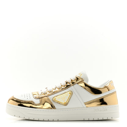 Prada Vitello Metallic Calfskin Metal Triangle Logo Womens Downtown Low Top 30mm Sneakers 35.5 White Platino 1 of 11
