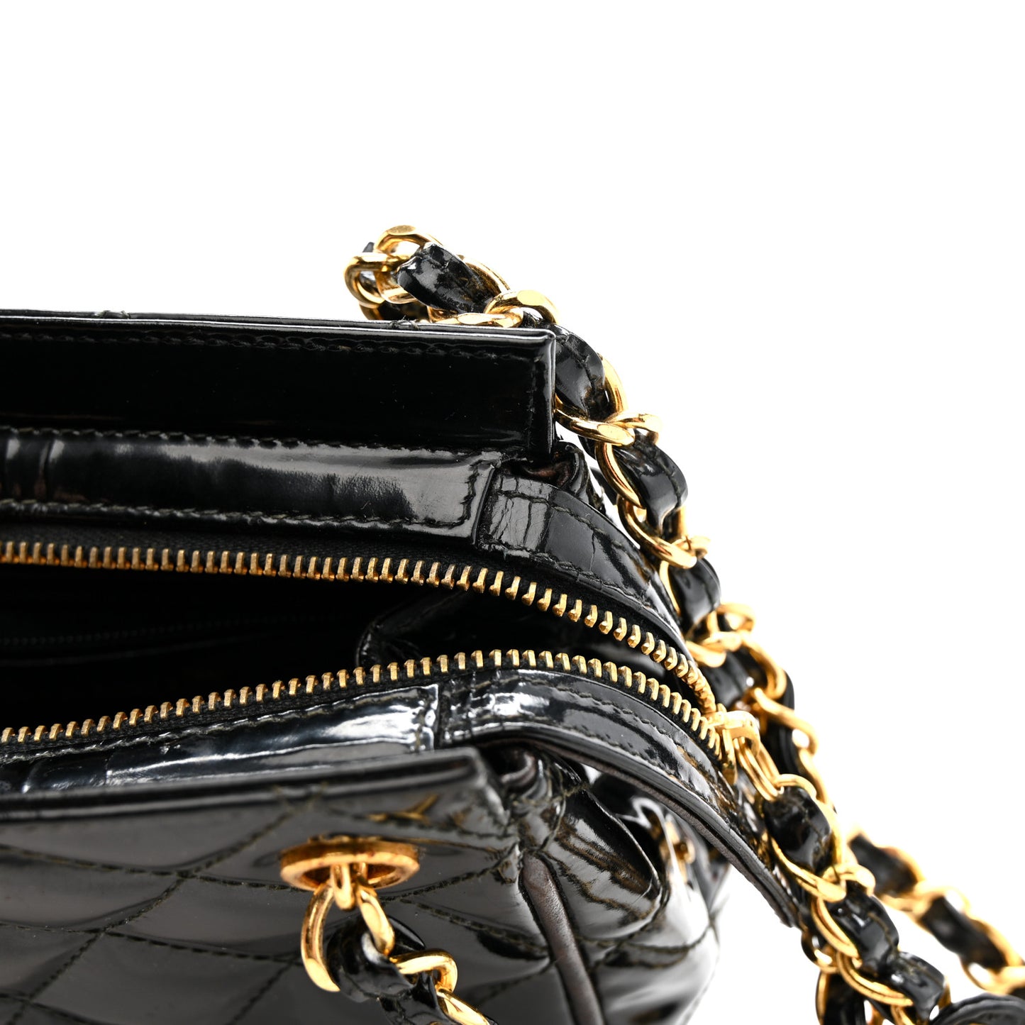 Patent Quilted Mini Shoulder Bag Black