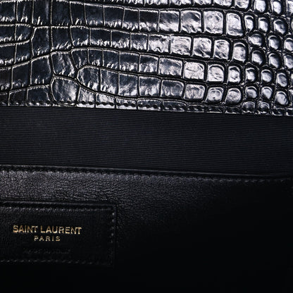 Saint Laurent Shiny Calfskin Crocodile Embossed Manhattan Baguette Black Black 5 of 7