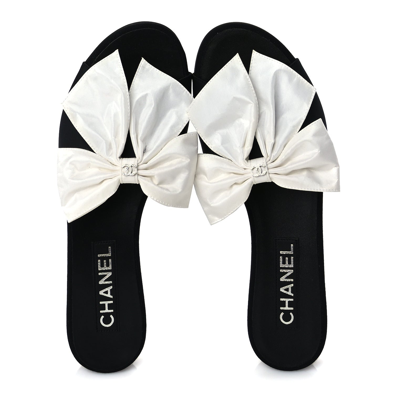 Chanel Silk Bow CC Mules 37  Black White 6 of 9