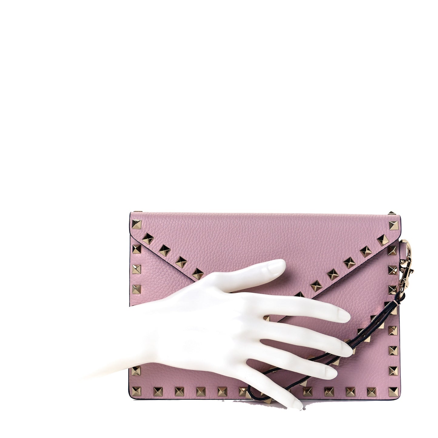 Pebbled Calfskin Medium Rockstud Envelope Flat Wristlet Pouch Water Rose