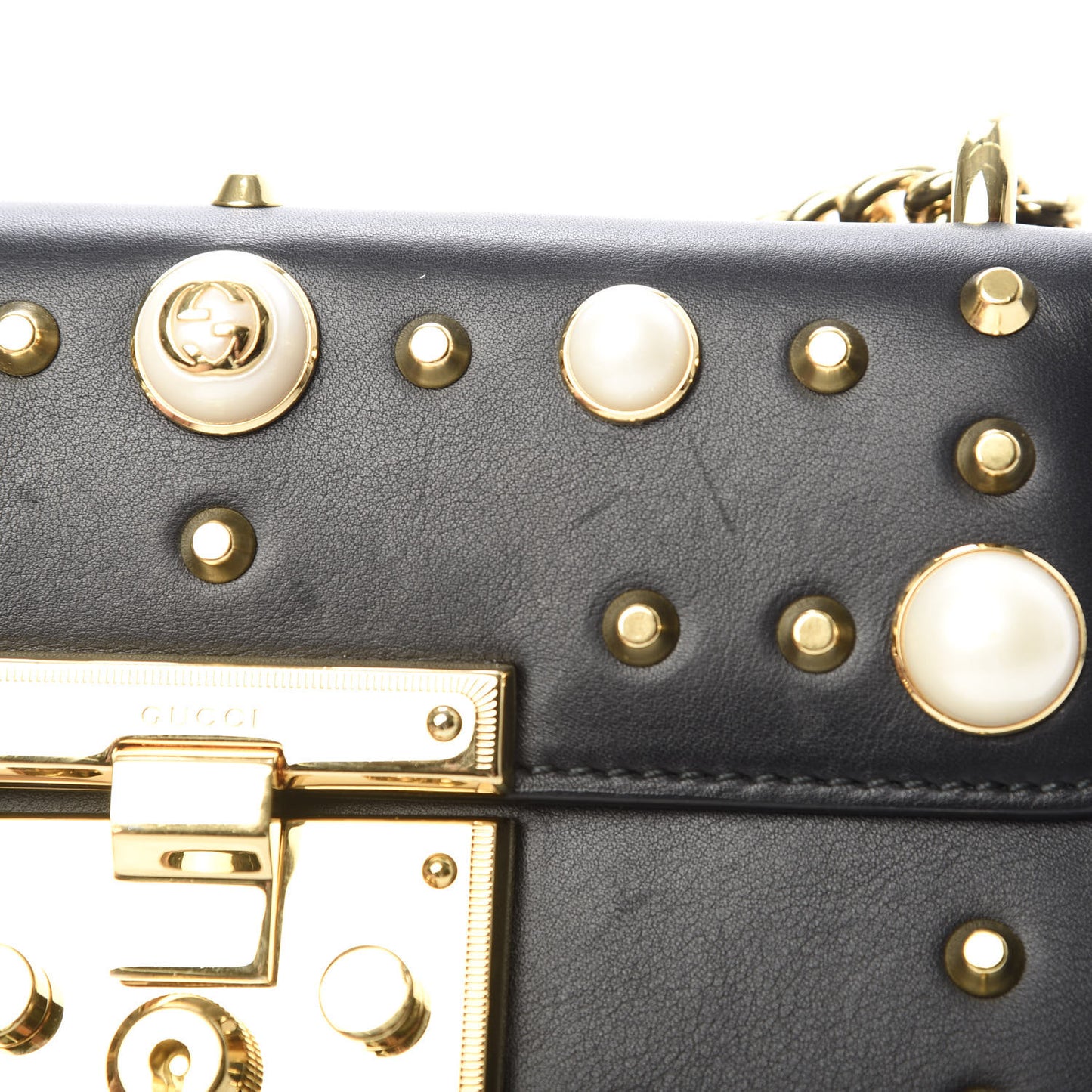 Calfskin Studded Small Padlock Shoulder Bag Black