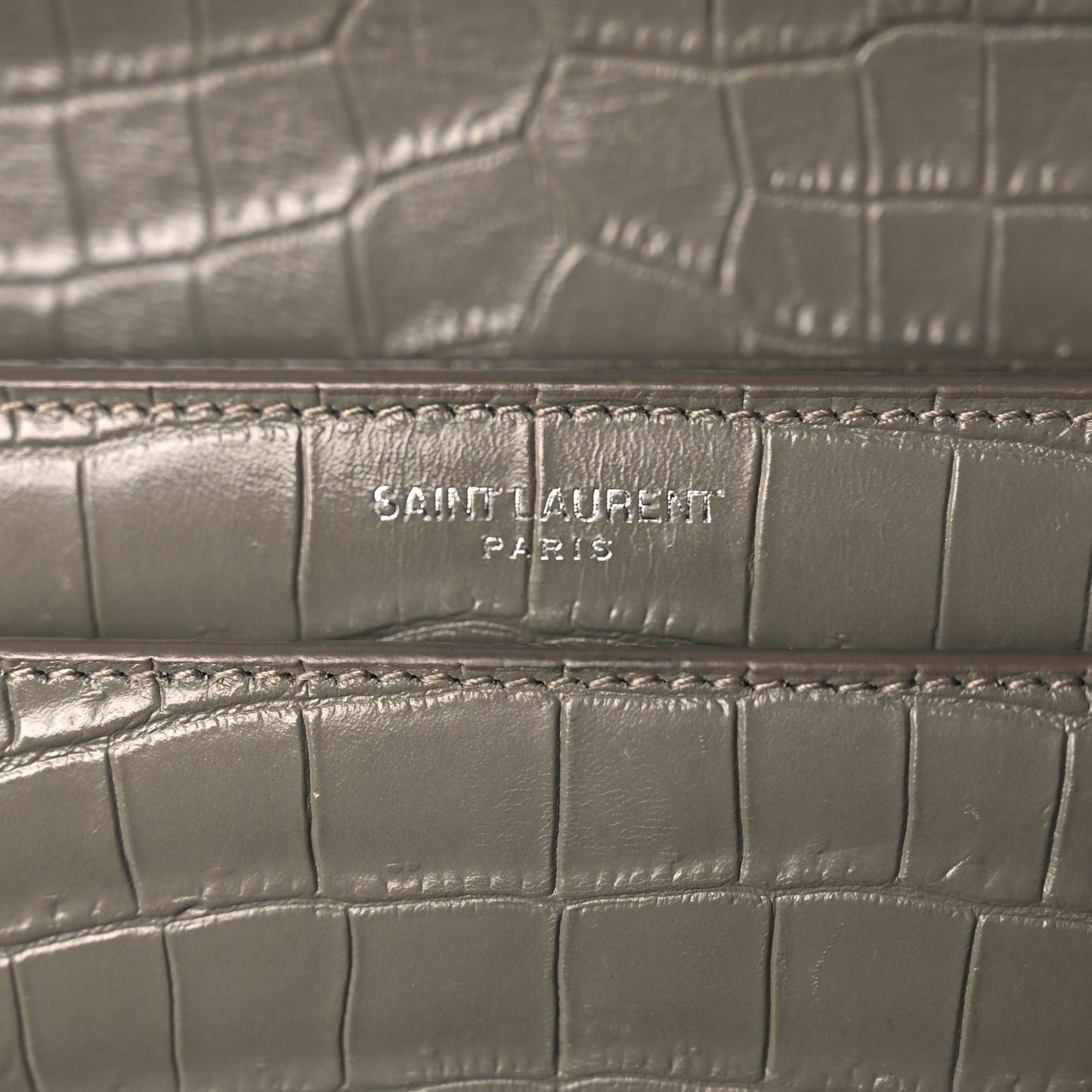 Calfskin Crocodile Embossed Medium Monogram Sunset Fog
