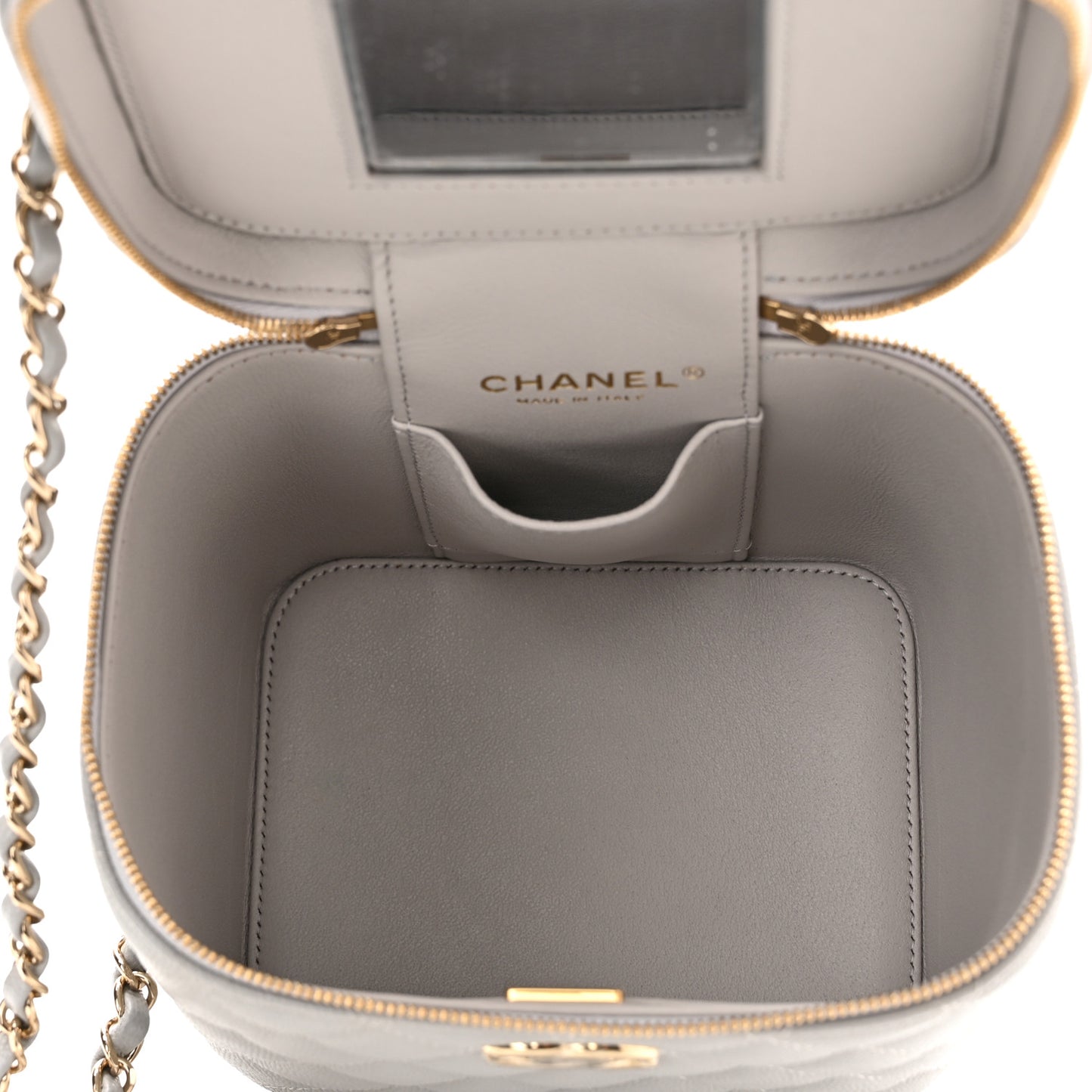 Caviar Quilted Small Top Handle Vanity Case With Chain Grey