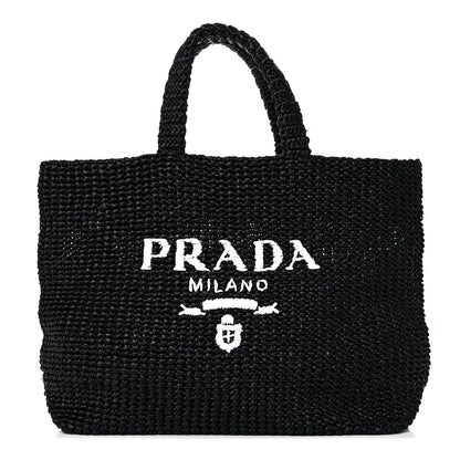 Prada Yarn Raffia Effect Crochet Large Logo Tote Black 1 of 9