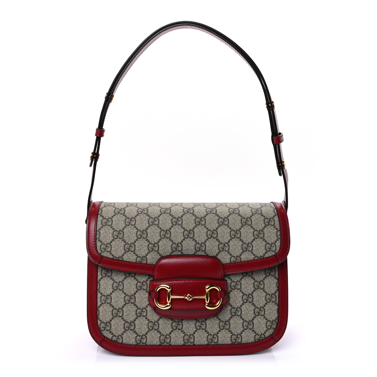 GG Supreme Monogram Azalea Calfskin Horsebit 1955 Shoulder Bag Beige Ebony New Cherry Red