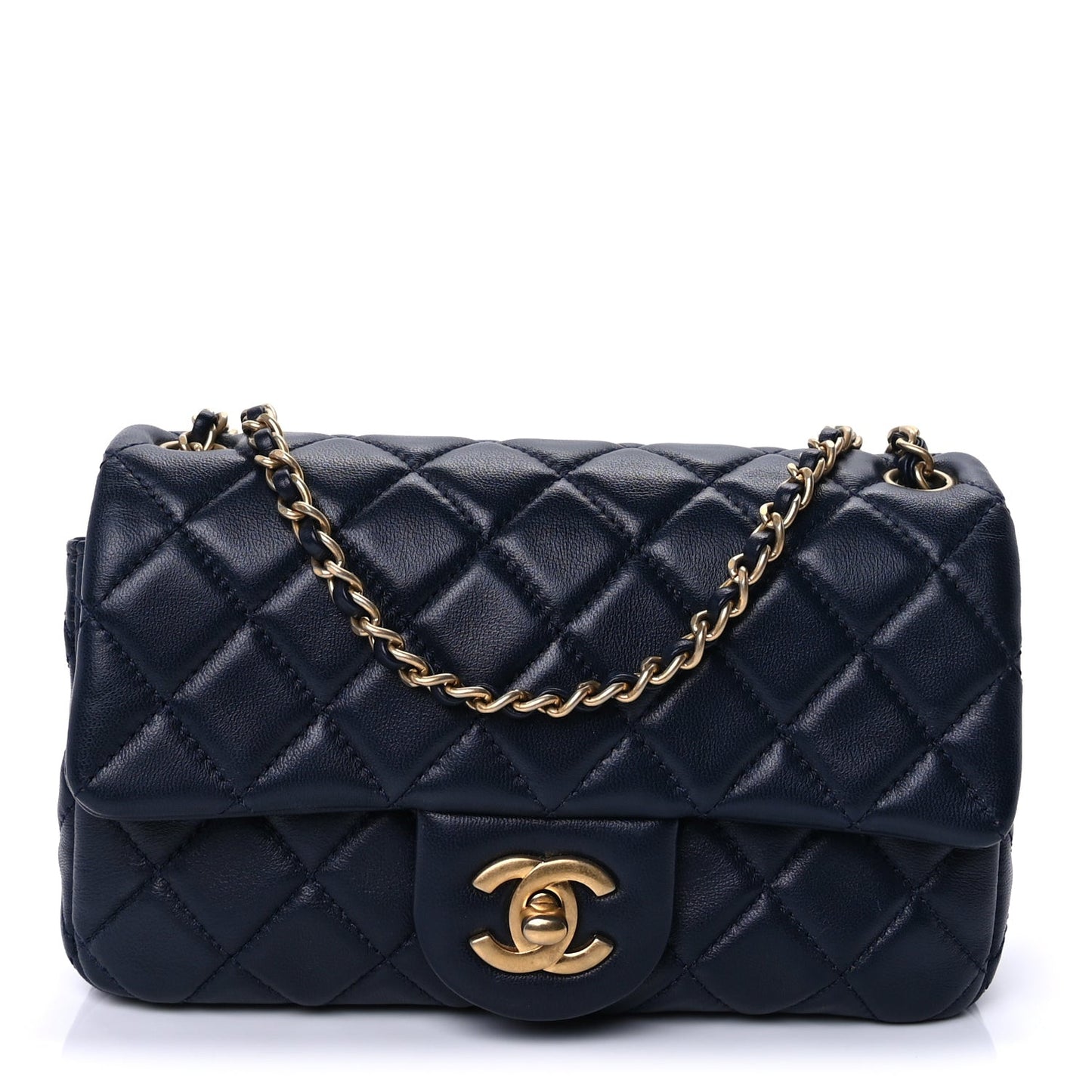 Lambskin Quilted Mini Rectangular Pearl Crush Flap Navy