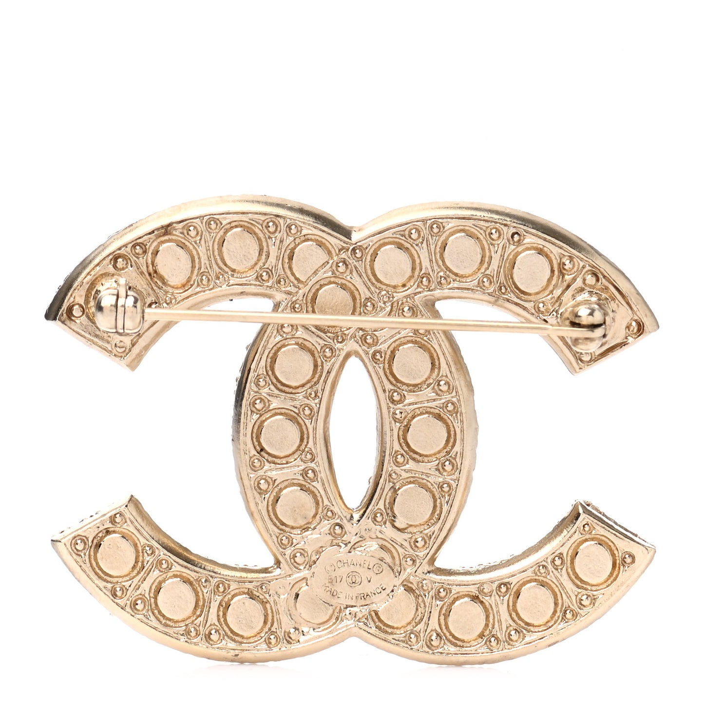 Metal Crystal Graduated Pearl CC Brooch Gold
