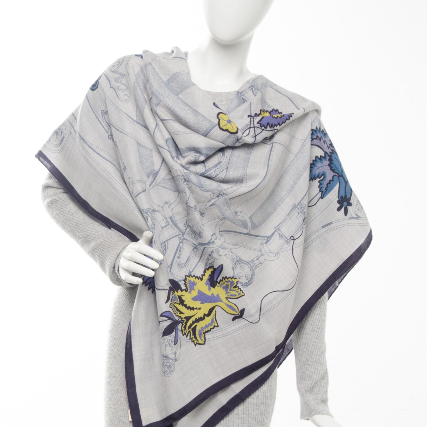 Cashmere Silk Cavalcadour Shawl 140 Gris Chine Jaune Marine