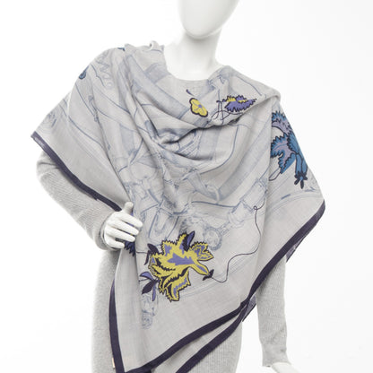 Hermes Cashmere Silk Cavalcadour Shawl 140 Gris Chine Jaune Marine 2 of 7