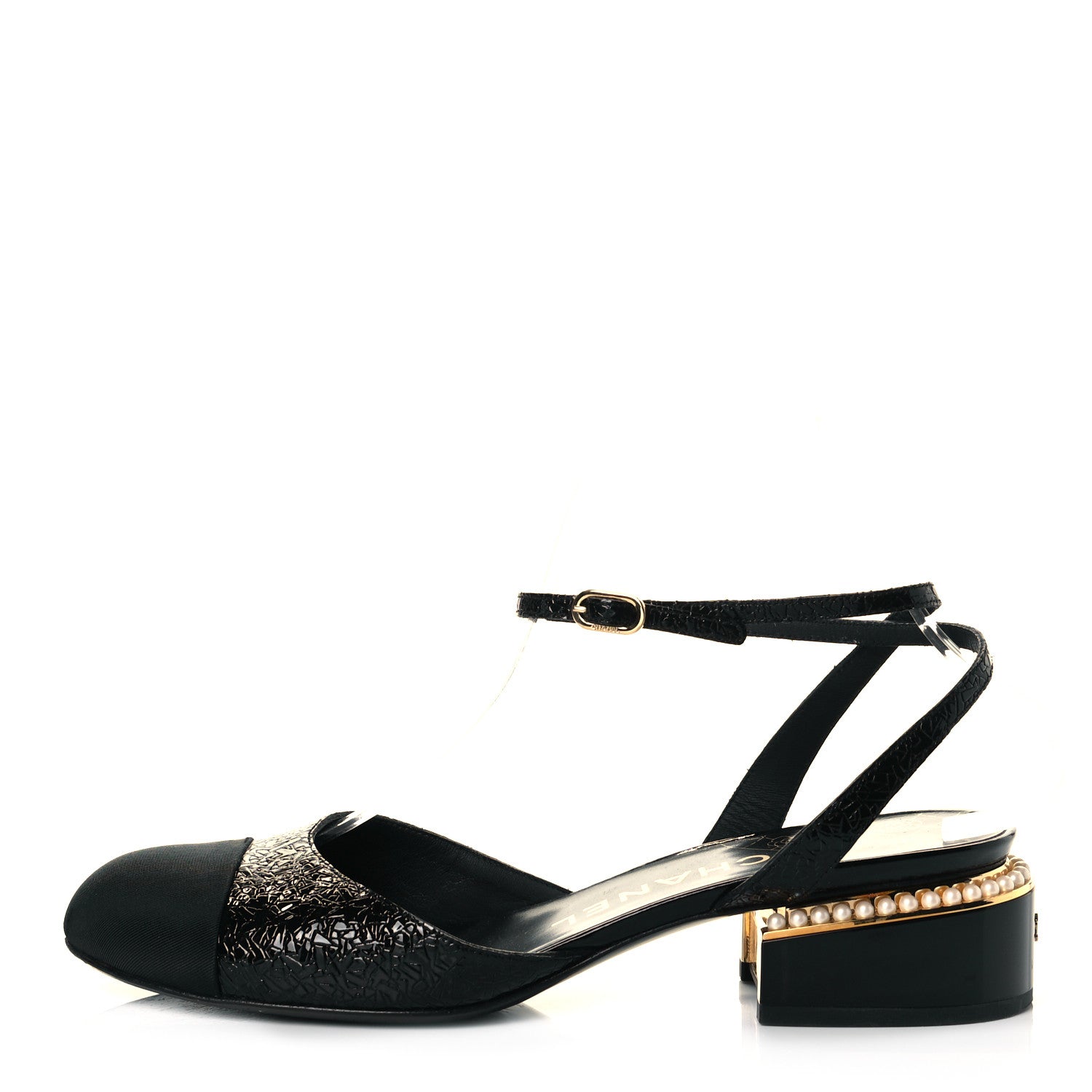 Chanel Patent Embossed Grosgrain Cap Toe Pearl Slingbacks 38.5 Black 1 of 8