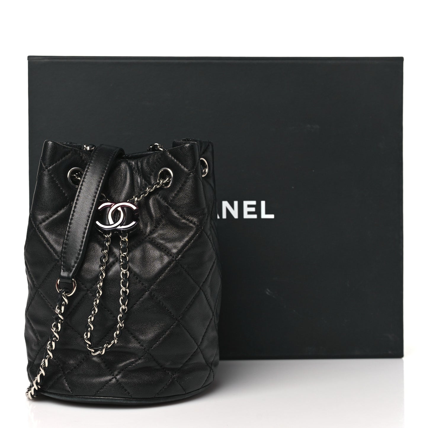 Lambskin Quilted CC Drawstring Bucket Bag Black