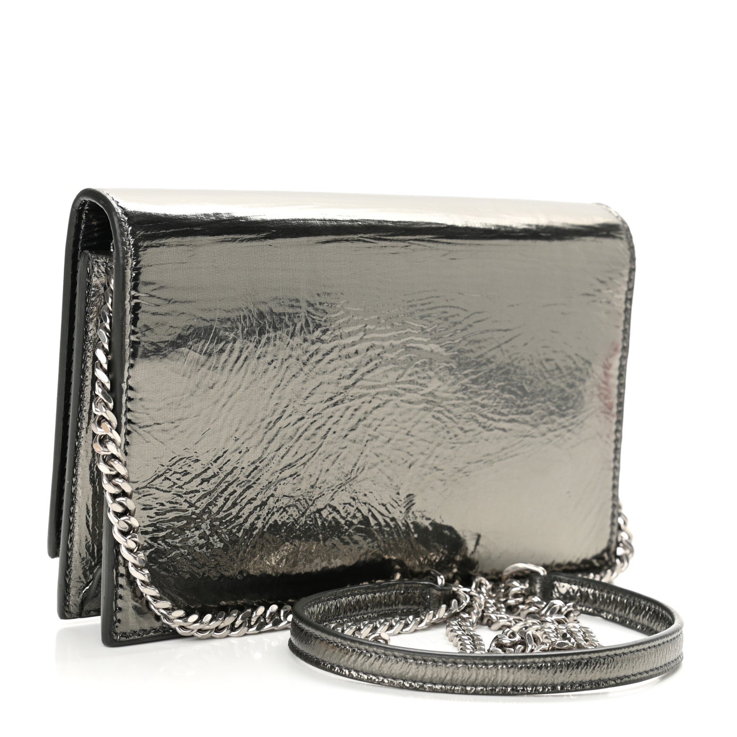 Metallic Crackled Calfskin Kate Monogram Tassel Chain Wallet Argento