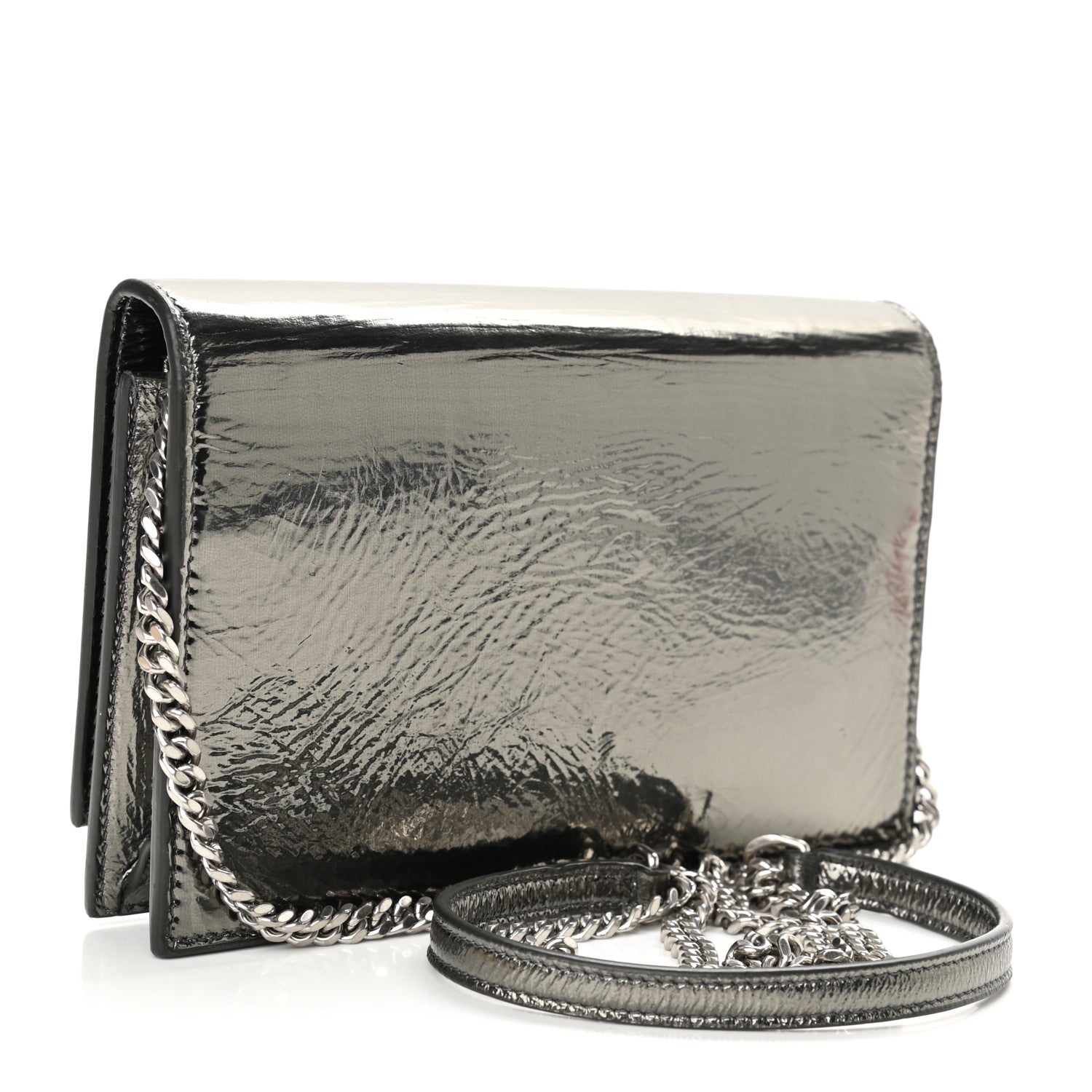 Saint Laurent Metallic Crackled Calfskin Kate Monogram Tassel Chain Wallet Argento 3 of 11
