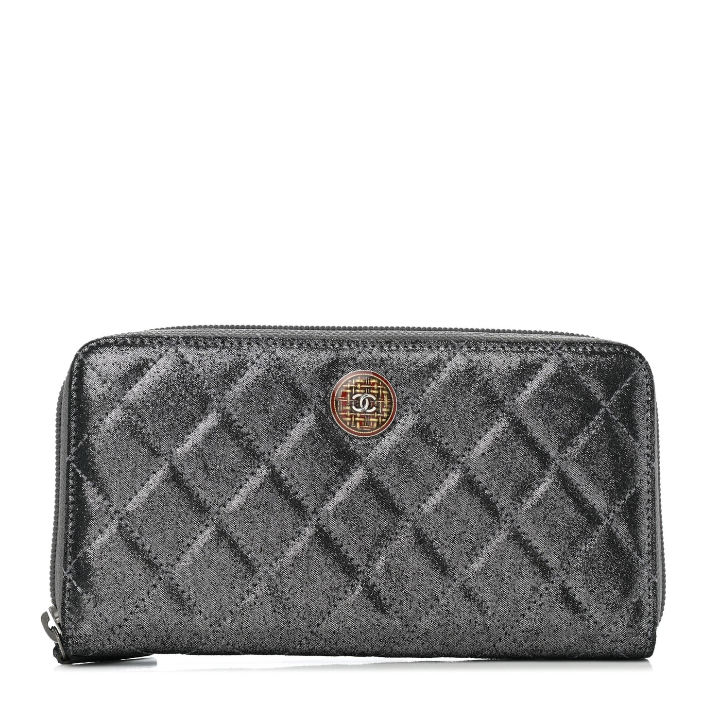 Iridescent Calfskin Quilted Tartan Button Zip Around Wallet Grey