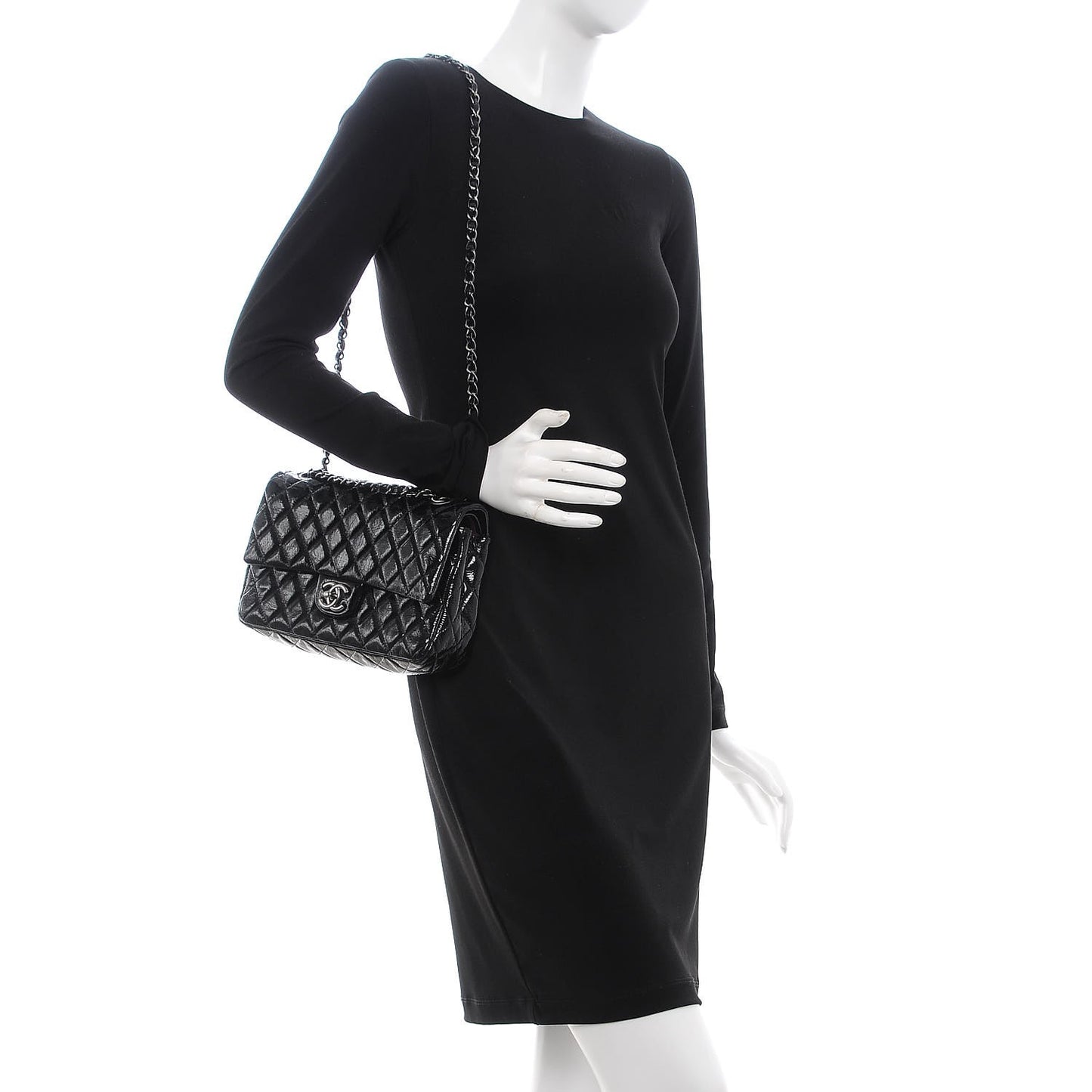 Distressed Patent Quilted Medium Double Flap Black