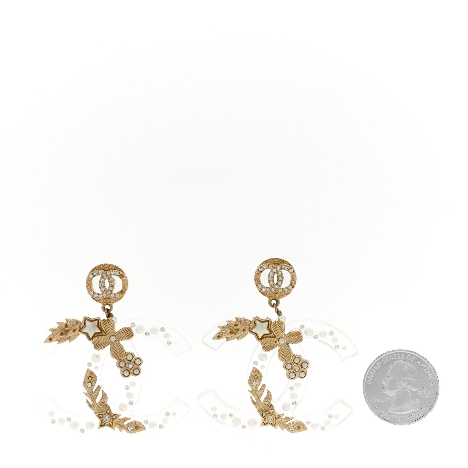 Chanel Crystal Pearl Resin CC Drop Earrings Gold 2 of 5