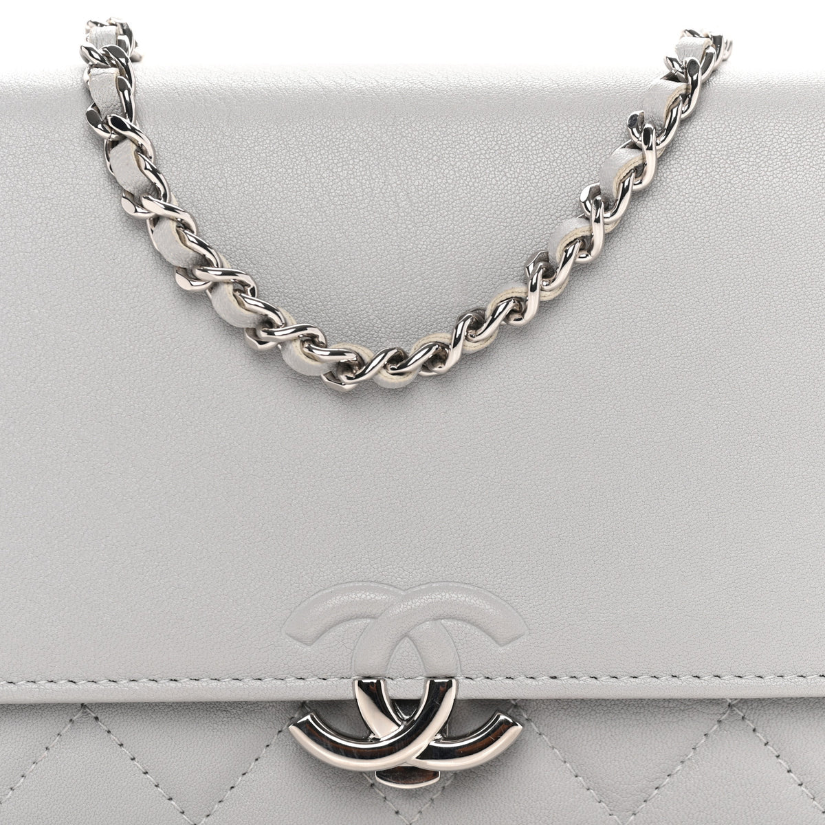 Grained Calfskin Quilted CC Box Wallet On Chain WOC Grey