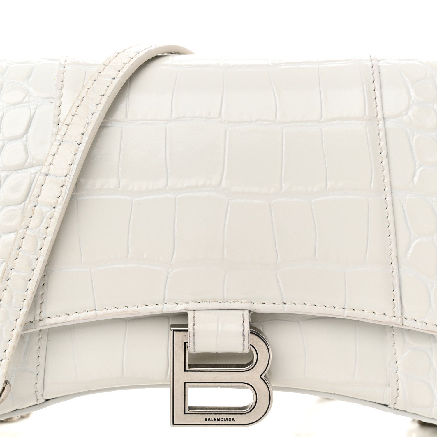 Balenciaga Shiny Calfskin Crocodile Embossed Small Hourglass Evening Chain Bag White 7 of 12
