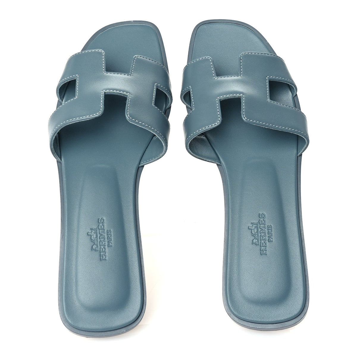Hermes Calfskin Oran Sandals 37.5 Bleu Emeraude 5 of 7