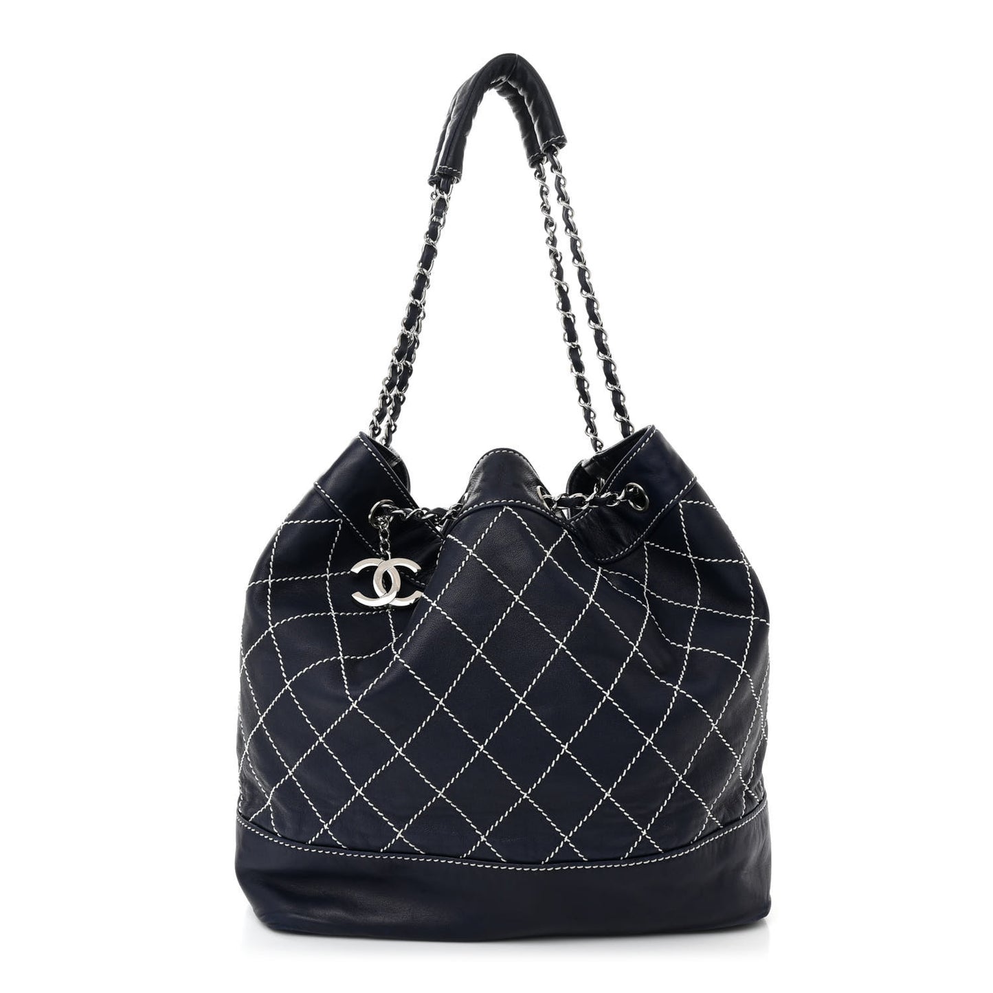 Lambskin Contrast Stitch Large Drawstring Tote Navy