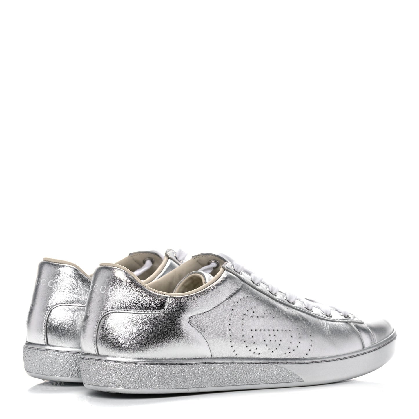 Metallic Nappa Interlocking G Perforated Womens Ace Sneakers 40.5 Silver