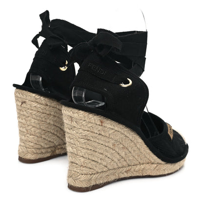 Fendi Canvas FF Embroidered Roma Ankle Wrap Wedge Espadrilles 36 Black 4 of 7