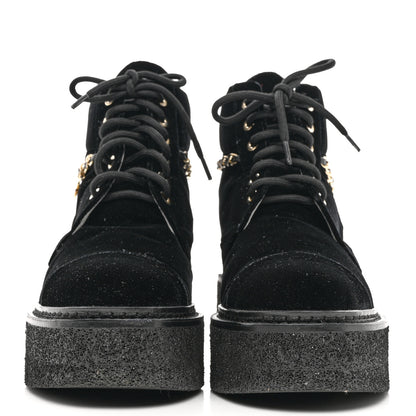 Chanel Velvet Chain Lace Up CC Short Boots 38.5 Black 2 of 9