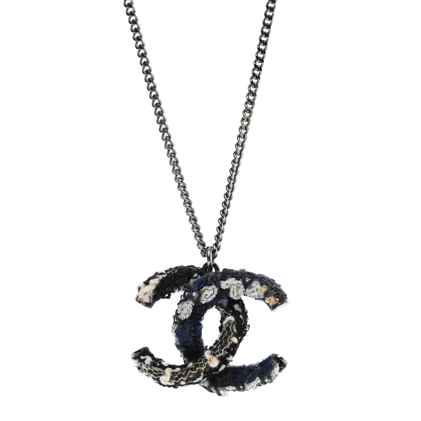Tweed Ruthenium CC Pendant Necklace Black Silver