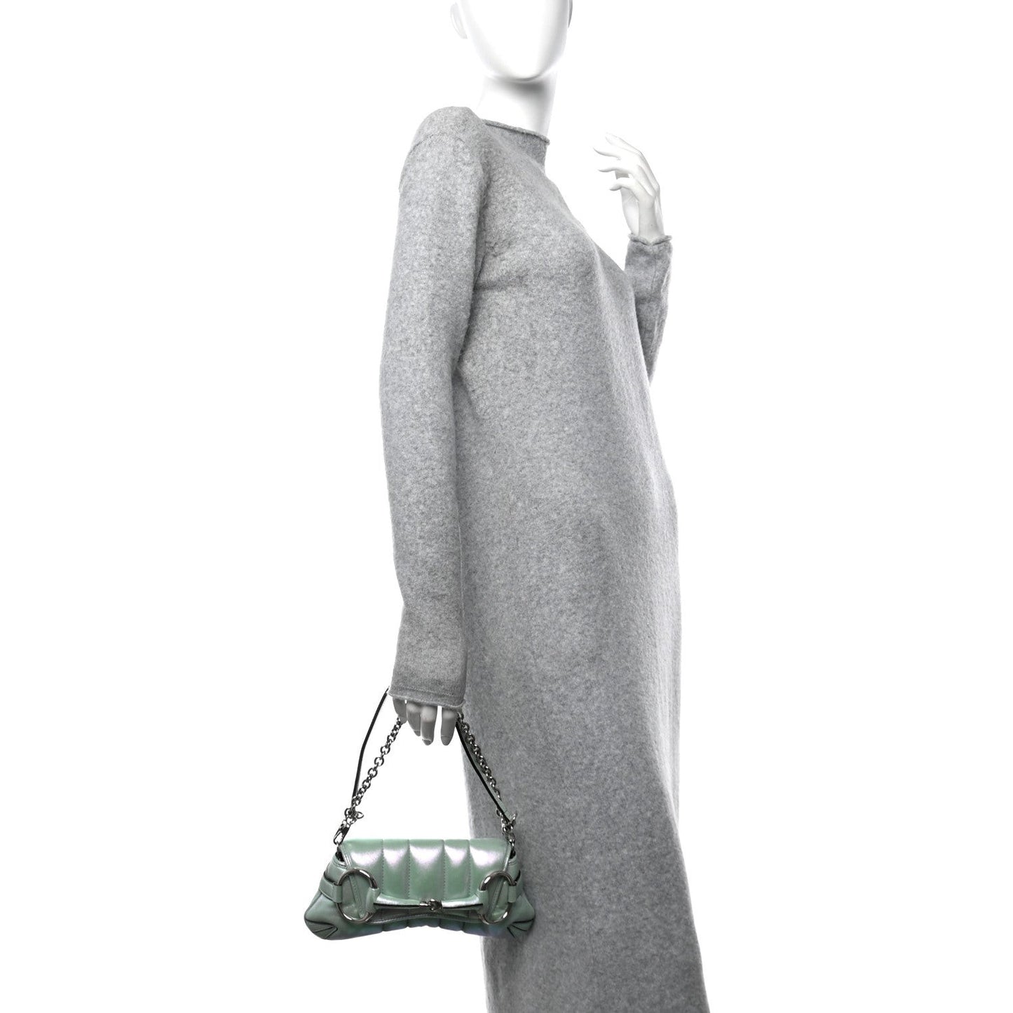 Iridescent Nappa Vertical Matelasse Medium Maxi Horsebit Chain Shoulder Bag Iridescent Salvy Green