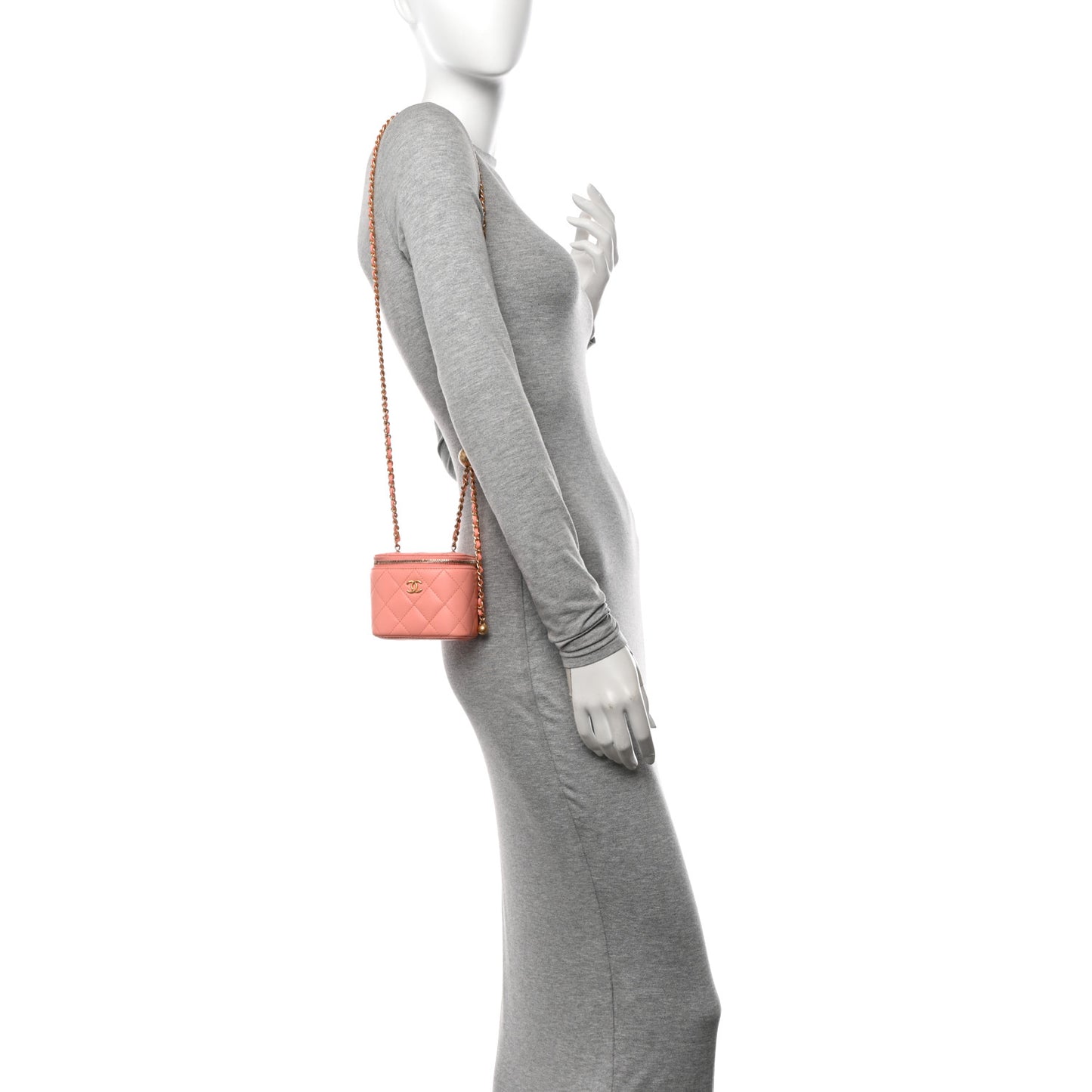 Lambskin Quilted Pearl Crush Mini Vanity Case With Chain Coral