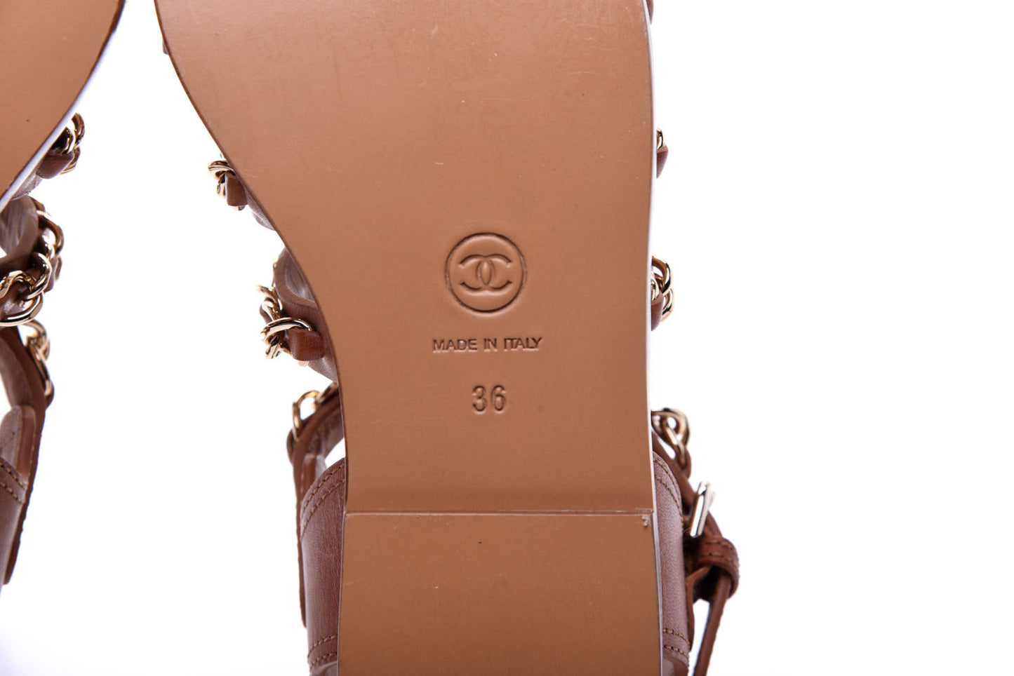 Calfskin Chain CC Flat Sandals 36 Beige