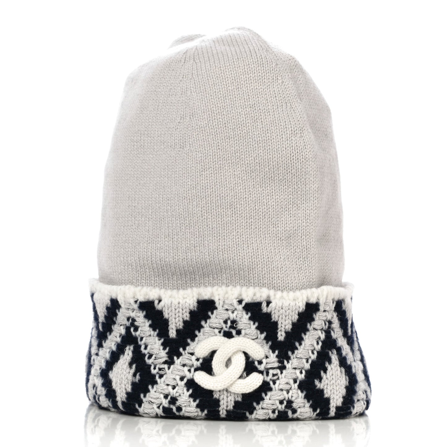Cashmere Blend CC Beanie Hat White Navy Blue