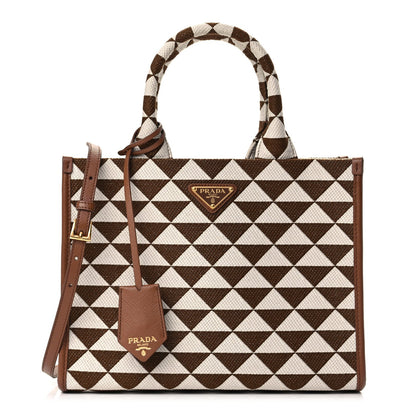 Prada Jacquard Saffiano Triangolo Symbole Embroidered Small Tote Tobacco Talco Tabacco/Talco 1 of 10