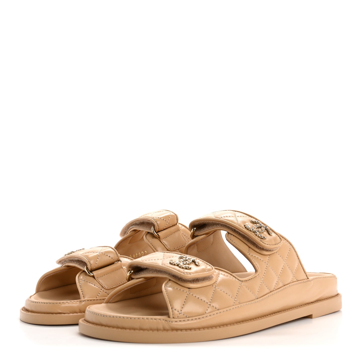 Lambskin Quilted Velcro Dad Chain CC Slide Sandals 39 Beige
