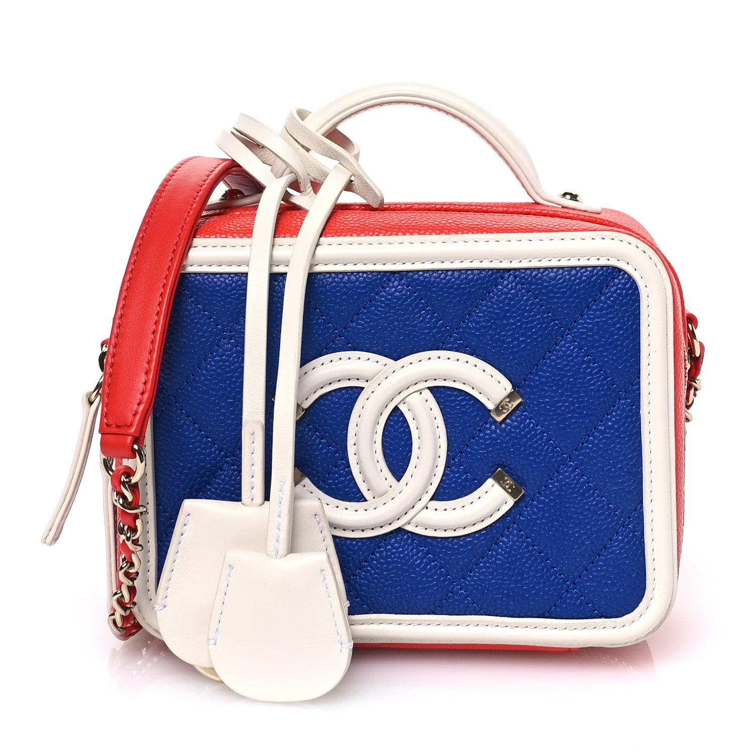 Chanel Caviar Quilted Small CC Filigree Vanity Case Blue White Red 1 of 11