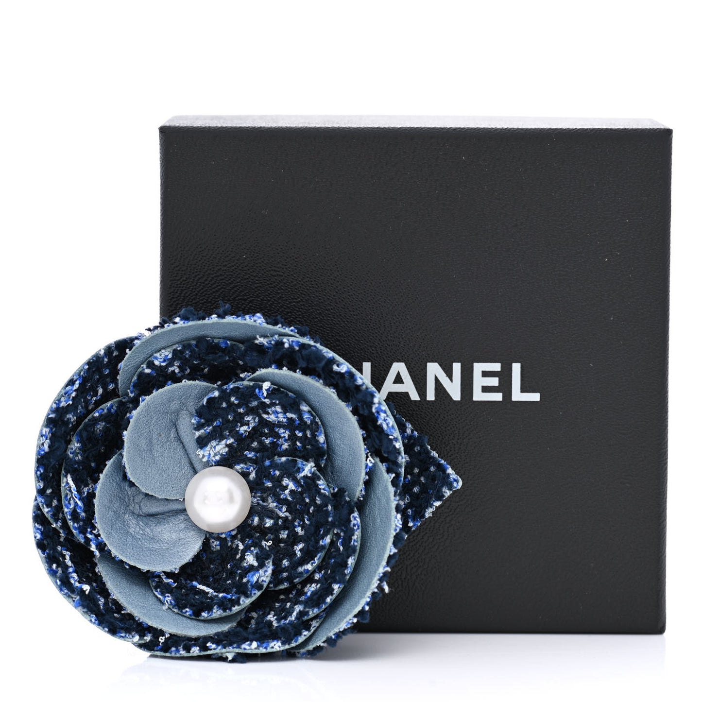 Tweed Lambskin Camellia Pearl Brooch Navy Black White